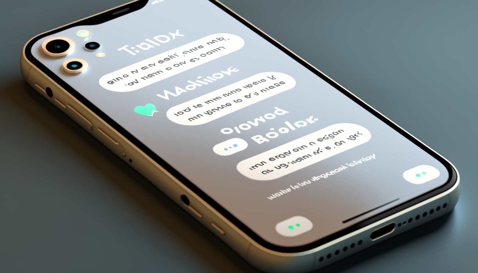 image prompt: a render of an iphone 14 on a light backround with chat bubbles with text displayed on the screen