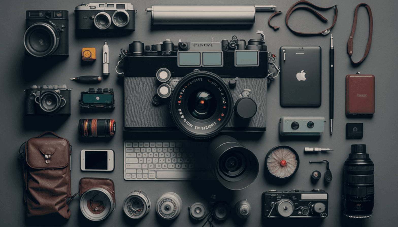 image prompt: random assortment of tech, computers, fujifilm camera gear, leica film camera, keyboard, high contrast, light background minamlist style